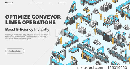 Cartoon Color Optimize Your Conveyor Lines Operations Boost Efficiency Concept Banner 3d Isometric View. Vector illustration Cartoon Color Optimize Your Conveyor Lines Operations Boost Efficiency Concept Banner 3d Isometric View. Vector illustration 136019930