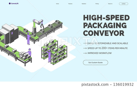 Cartoon Color High Speed Packaging Conveyor Lines Processes Factory Concept Banner 3d Isometric View. Vector illustration 136019932