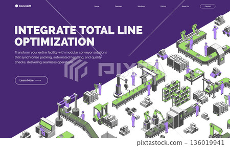 Cartoon Color Integrate Total Line Optimization Conveyor Processes Factory Concept Banner 3d Isometric View. Vector illustration Cartoon Color Integrate Total Line Optimization Conveyor Processes Factory Concept Banner 3d Isometric View. Vector illustration 136019941