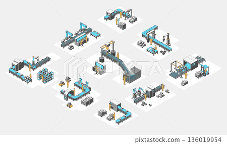 Cartoon Color Types Conveyor Lines Concept 3d Isometric View Line Elements. Vector illustration of Assembly Inspection Line and Cargo Rise Conveyor 136019954