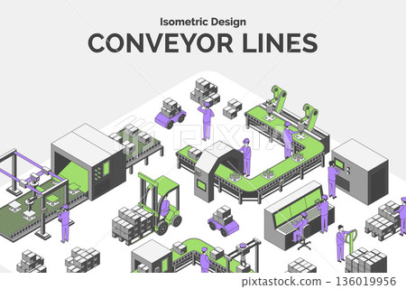 Cartoon Color Conveyor Processes Factory Concept Card Background 3d Isometric View Line Elements. Vector illustration of Innovative Equipment 136019956
