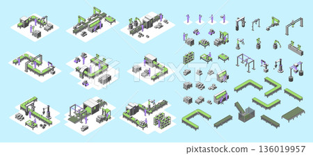 Cartoon Color Conveyor Processes Factory Concept 3d Isometric View Robotic Lines and Elements for Industrial Purposes. Vector illustration 136019957
