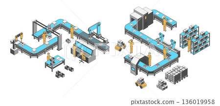 Cartoon Color Conveyor Processes Factory Concept 3d Isometric View Robotic Lines and Control Panels Manufacturing Process. Vector illustration Cartoon Color Conveyor Processes Factory Concept 3d Isometric View Robotic Lines and Control Panels Manufacturing Process. Vector illustration 136019958