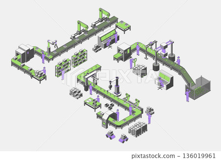 Cartoon Color Conveyor Processes Factory Concept 3d Isometric View Warehouse Workers Checks Goods on Pallets. Vector illustration Cartoon Color Conveyor Processes Factory Concept 3d Isometric View Warehouse Workers Checks Goods on Pallets. Vector illustration 136019961