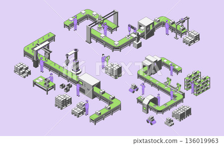 Cartoon Color Conveyor Processes Factory Concept 3d Isometric View Smart Warehouse for Business Systems. Vector illustration 136019963