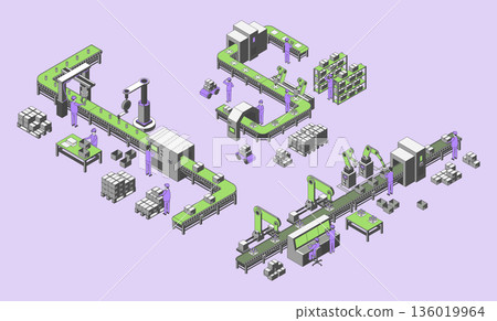 Cartoon Color Conveyor Processes Factory Concept 3d Isometric View Automatic Production Line with Boxes with Different Machines. Vector illustration Cartoon Color Conveyor Processes Factory Concept 3d Isometric View Automatic Production Line with Boxes with Different Machines. Vector illustration 136019964