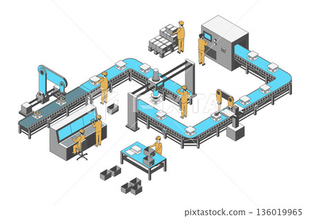 Cartoon Color Conveyor Processes Factory Concept 3d Isometric View Efficient Automation Production Components on a White. Vector illustration 136019965