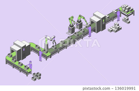 Cartoon Color Conveyor Processes Factory Concept 3d Isometric View Introduce a Robot Line for Increase Productivity. Vector illustration 136019991