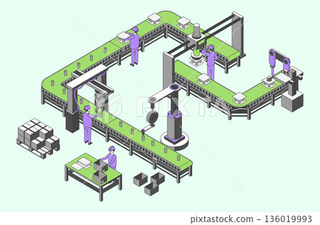 Cartoon Color Conveyor Processes Factory Concept 3d Isometric View Workers Preparing Goods For Dispatch. Vector illustration Cartoon Color Conveyor Processes Factory Concept 3d Isometric View Workers Preparing Goods For Dispatch. Vector illustration 136019993
