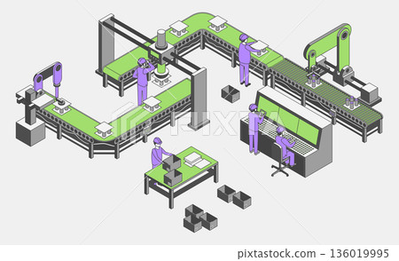 Cartoon Color Conveyor Processes Factory Concept 3d Isometric View Workers Operates of Robot Line. Vector illustration Cartoon Color Conveyor Processes Factory Concept 3d Isometric View Workers Operates of Robot Line. Vector illustration 136019995