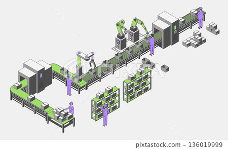 Cartoon Color Conveyor Processes Factory Concept 3d Isometric View Autonomous Robot Elements in Warehouses . Vector illustration 136019999