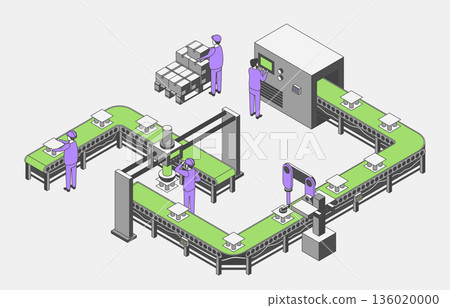 Cartoon Color Conveyor Processes Factory Concept 3d Isometric View Mechanical Machine with Manipulator and Staff . Vector illustration Cartoon Color Conveyor Processes Factory Concept 3d Isometric View Mechanical Machine with Manipulator and Staff . Vector illustration 136020000