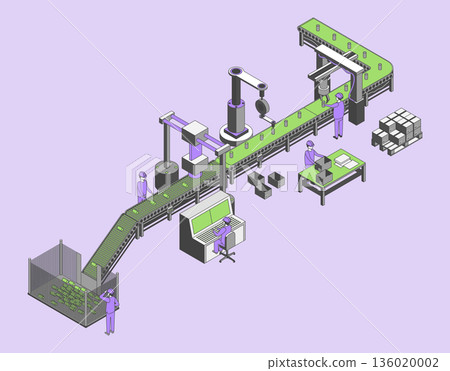 Cartoon Color Conveyor Processes Factory Concept 3d Isometric View Robots Producing Goods Scene. Vector illustration Cartoon Color Conveyor Processes Factory Concept 3d Isometric View Robots Producing Goods Scene. Vector illustration 136020002