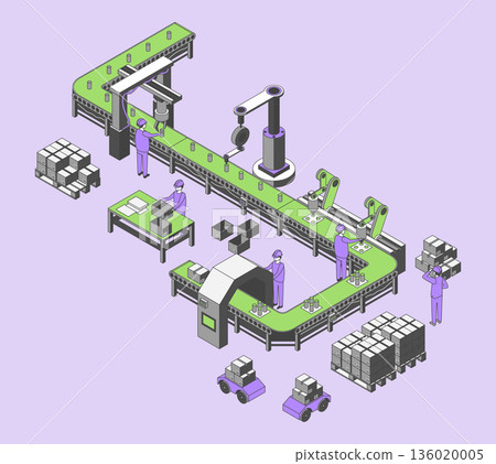Cartoon Color Conveyor Processes Factory Concept 3d Isometric View Assembly Line with Plant Workers. Vector illustration Cartoon Color Conveyor Processes Factory Concept 3d Isometric View Assembly Line with Plant Workers. Vector illustration 136020005