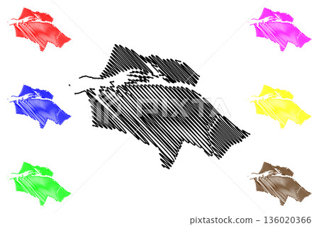 Velsen municipality (Kingdom of the Netherlands, Holland, North Holland or Noord-Holland province) map vector illustration, scribble sketch map Velsen municipality (Kingdom of the Netherlands, Holland, North Holland or Noord-Holland province) map vector illustration, scribble sketch map 136020366