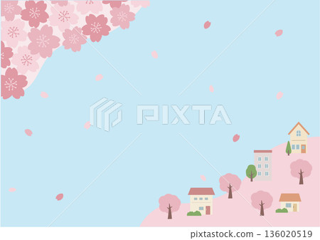 春季背景插圖,春季素材,櫻花和房屋 春季背景插圖,春季素材,櫻花和房屋 136020519