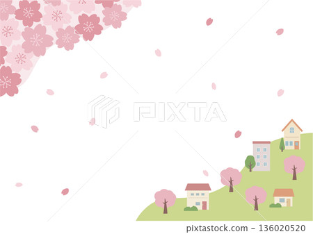 春季背景插圖,春季素材,櫻花和房屋 春季背景插圖,春季素材,櫻花和房屋 136020520