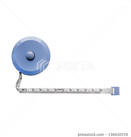 A light blue measuring tape with a round blue body and a flexible tape with a graduated scale. The tape is light in color with dark markings and points vertically upward. A light blue measuring tape with a round blue body and a flexible tape with a graduated scale. The tape is light in color with dark markings and points vertically upward. 136020559