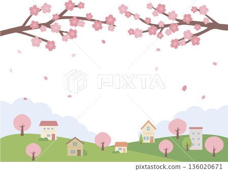 Spring background illustration Spring material Cherry blossoms and house scenery 136020671