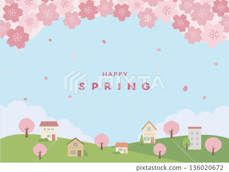 Spring background illustration Spring material Cherry blossoms and house scenery 136020672