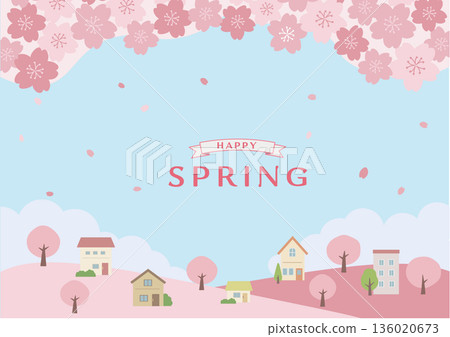 Spring background illustration Spring material Cherry blossoms and house scenery 136020673