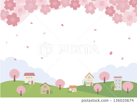 春季背景插圖，春季素材，櫻花和房屋景色 136020674