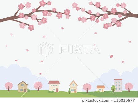 春季背景插圖,春季素材,櫻花和房屋景色 春季背景插圖,春季素材,櫻花和房屋景色 136020677