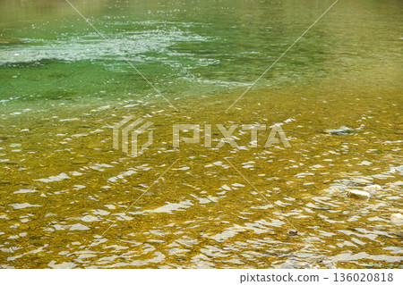 River Water Flow with Sunlight Reflections on the Surface 136020818