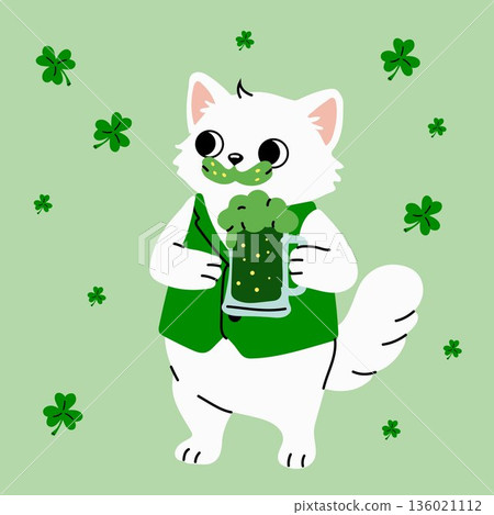 Kawaii Cat with Shamrocks Drinking Green Beer in Green Vest 136021112