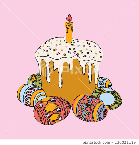 Hand Drawn Easter Cake with Candle, and Eggs Hand Drawn Easter Cake with Candle, and Eggs 136021119