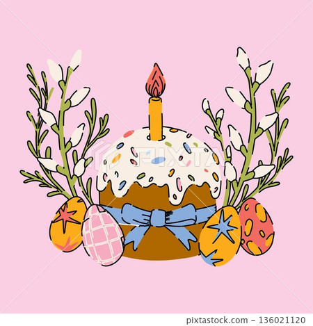 Easter Cake with Candle, Flowers, and Colorful Eggs Easter Cake with Candle, Flowers, and Colorful Eggs 136021120