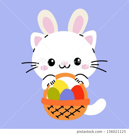 Cute White Kitten with Bunny Ears Holding a Basket of Colorful Easter Eggs Cute White Kitten with Bunny Ears Holding a Basket of Colorful Easter Eggs 136021125
