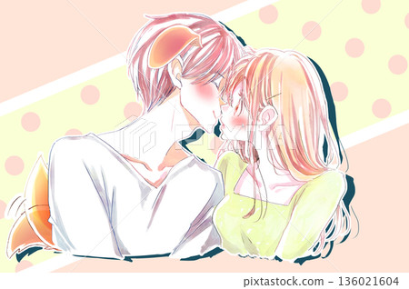 A woman is surprised and embarrassed by a dog-like man who tries to kiss her. A woman is surprised and embarrassed by a dog-like man who tries to kiss her. 136021604
