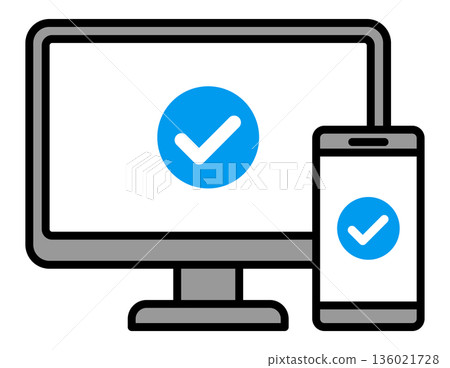 Illustration of a check mark displayed on a computer and smartphone screen | Concept of completion, confirmation, and success 136021728
