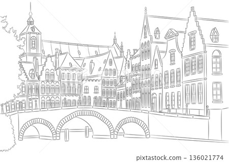 Black and White Vector of Historic Bruges, Belgium 136021774