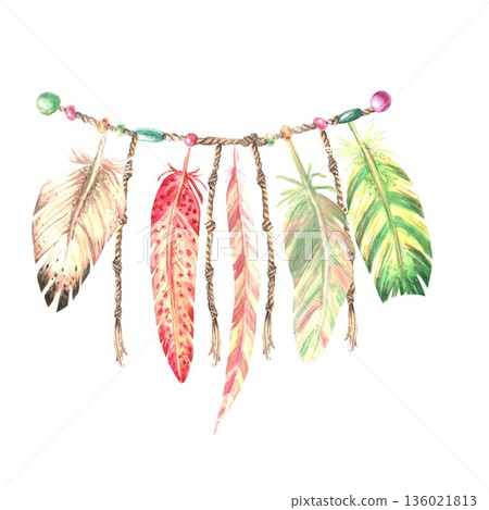 A hand-painted watercolor pendant with feathers and beads on a rope on an isolated background. Simple boho-style clipart of green, pink, and white elements for interior design or clothing 136021813