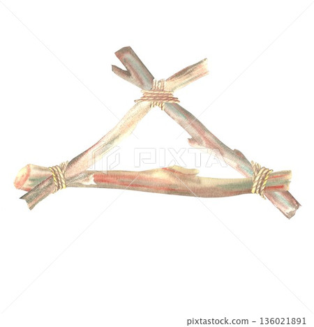 A triangular frame made of wooden sticks tied with rope, hand-painted with watercolors on an isolated background. A simple boho-style frame for interior decor or a dreamcatcher hanging, macrame 136021891