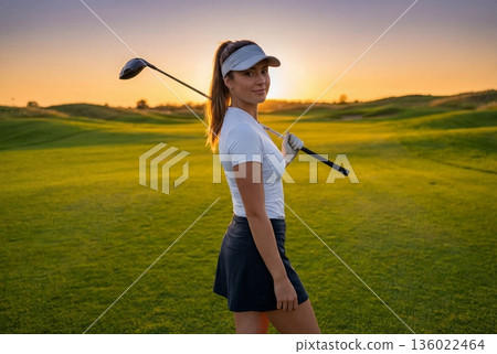 Young woman golfer posing with club on course at sunset 136022464