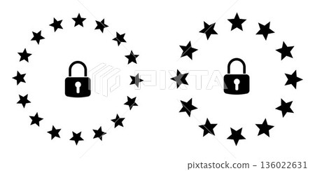 Star Circle Security Icons with Lock Symbol Minimal Black and White Illustration Set Circular Star Frames with Closed Padlock Concept for Privacy Protection Access Safety Isolated 136022631