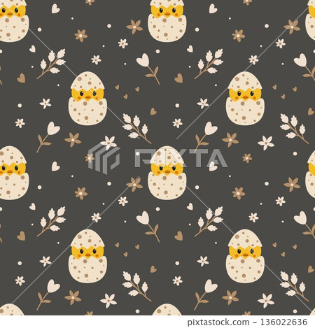 Cute Baby Chick Seamless Pattern with Little Yellow Chicks in Cracked Eggs Flowers Hearts and Dots on Dark Background Cozy Nursery Style Repeating Pattern for Kids Fabric Wallpaper and Wrapping Paper Cute Baby Chick Seamless Pattern with Little Yellow Chicks in Cracked Eggs Flowers Hearts and Dots on Dark Background Cozy Nursery Style Repeating Pattern for Kids Fabric Wallpaper and Wrapping Paper 136022636
