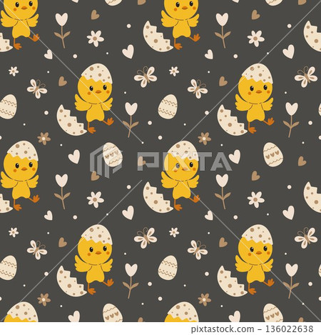 Cute Easter Baby Chick Seamless Pattern with Little Birds Cracked Eggs Flowers Hearts and Leaves on Dark Background Cozy Nursery Cartoon Repeating Design for Kids Fabric Wallpaper and Gift Wrap Cute Easter Baby Chick Seamless Pattern with Little Birds Cracked Eggs Flowers Hearts and Leaves on Dark Background Cozy Nursery Cartoon Repeating Design for Kids Fabric Wallpaper and Gift Wrap 136022638