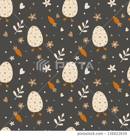 Cute Egg Character Seamless Pattern with Little Legs Carrots Flowers Hearts and Leaves on Dark Background Playful Repeating Design for Kids Textile Nursery Decor and Gift Wrap Cute Egg Character Seamless Pattern with Little Legs Carrots Flowers Hearts and Leaves on Dark Background Playful Repeating Design for Kids Textile Nursery Decor and Gift Wrap 136022639