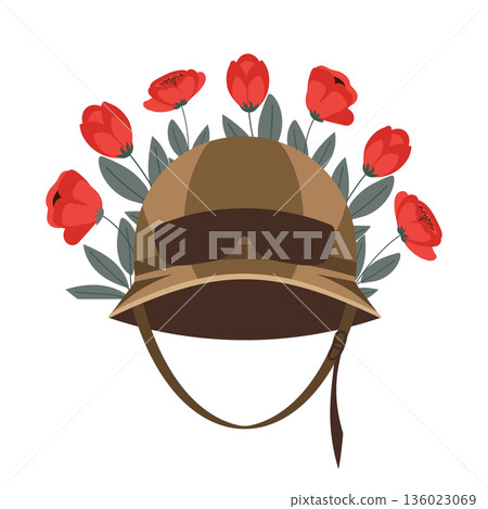 Military Helmet with Red Poppies. Remembrance Day illustration. Military Helmet with Red Poppies. Remembrance Day illustration. 136023069