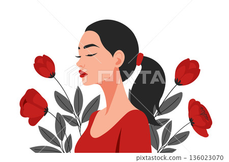 Beautiful woman with red poppy flowers.Womens day illustration. Beautiful woman with red poppy flowers.Womens day illustration. 136023070
