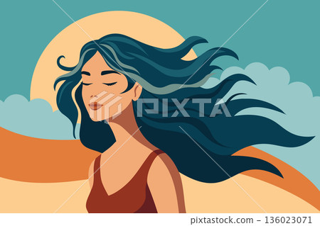 Beautiful woman with flying hair on landscape background. Mental health illustration. Beautiful woman with flying hair on landscape background. Mental health illustration. 136023071