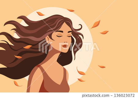 Beautiful woman with flying hair and falling autumn leaves. Mental health illustration. Beautiful woman with flying hair and falling autumn leaves. Mental health illustration. 136023072