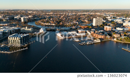 Aerial view of Norfolk Virginia waterfront bay and urban coastline Aerial view of Norfolk Virginia waterfront bay and urban coastline 136023074