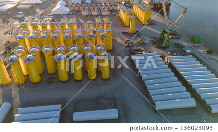Aerial view of wind turbine components storage at logistics hub Aerial view of wind turbine components storage at logistics hub 136023093