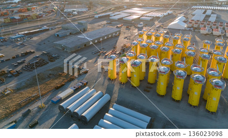 Aerial view of wind turbine components logistics hub and storage yard Aerial view of wind turbine components logistics hub and storage yard 136023098