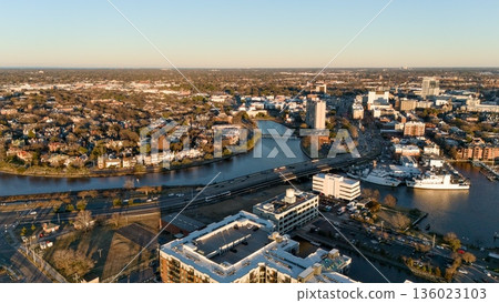 Aerial view of Norfolk Virginia river and residential neighborhoods 136023103